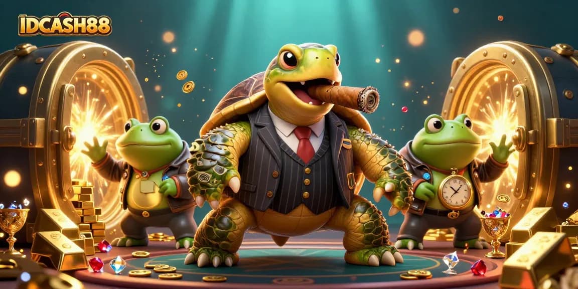 Engage with IDCASH88's exciting casino experience featuring a dynamic turtle mobster and bullfrog enforcers.