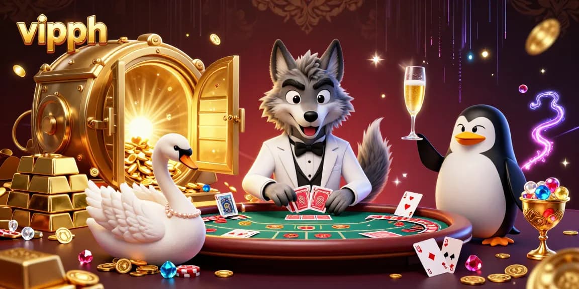 Experience thrilling vipph gaming with a debonair wolf, elegant swan, and penguin sommelier amidst casino luxury.
