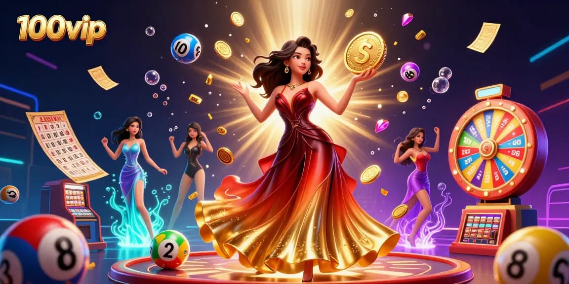 Win big with 100vip by exploring exciting lottery draws and casino games in a vibrant 3D scene.