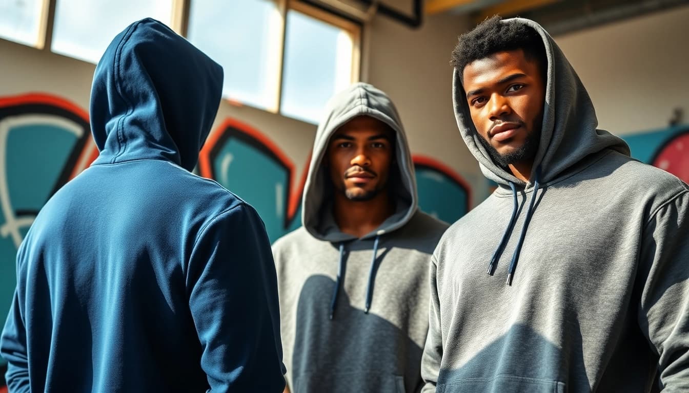 Showcasing stylish high quality blank hoodies in an urban setting with vibrant colors and bright lighting.
