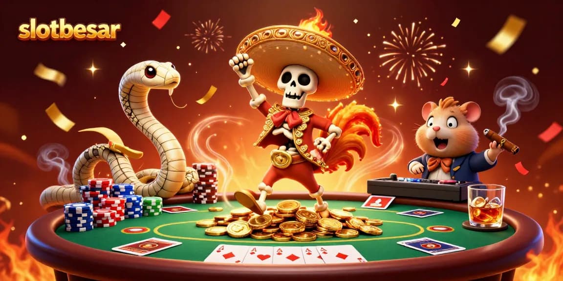 Experience thrilling wins with slotbesar, featuring a festive scene with a skeleton mariachi and vibrant casino elements.