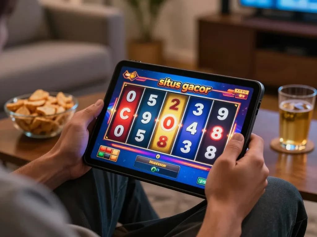 situs gacor slot game showcased on tablet with dynamic spinning reels, capturing exciting online gambling experience