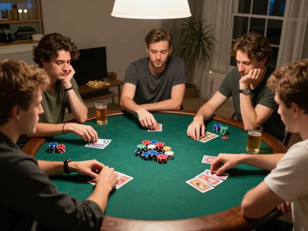 Pemain LGO99 menikmati malam poker di rumah, dengan chip, kartu, dan camilan menciptakan suasana yang meriah
