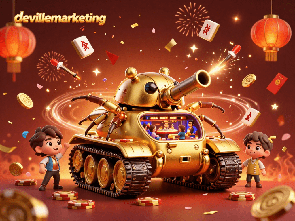 Menangkan momen permainan kasino di devillemarketing dengan ilustrasi tank keong emas yang memancar kekayaan.