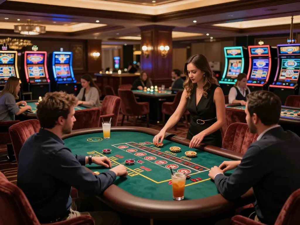 Players enjoying strategic gameplay at LLwin gaming tables in a luxurious casino lounge.