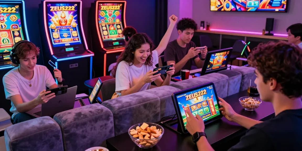 Exciting gaming scene with players enjoying apk slot games on mobile devices, colorful visuals of slot machines.