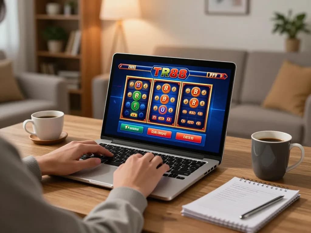Person enjoying TR88 online casino gaming on laptop, surrounded by notes and coffee.