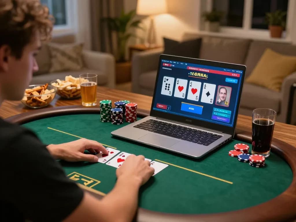 Player enjoying thrilling Lu88 online poker game from home setting with cozy ambiance