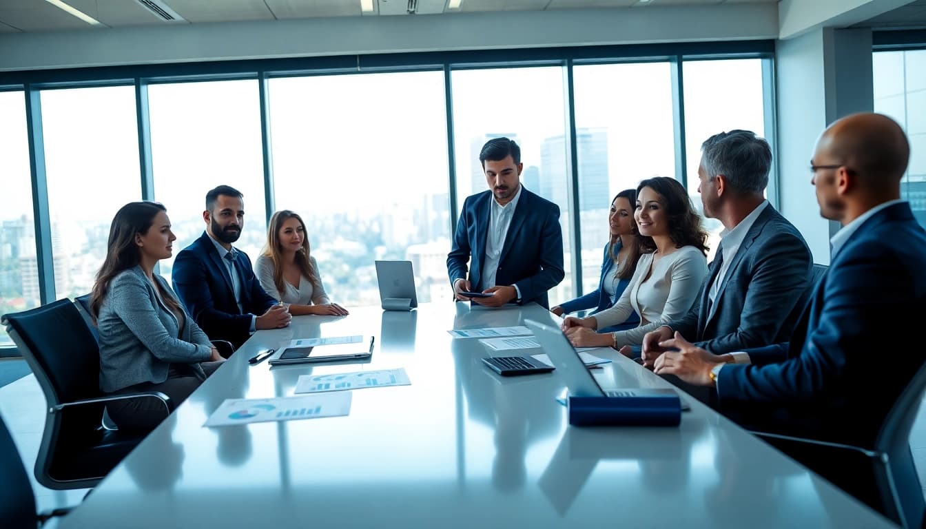 Engaged crisis management consultant leads strategic discussion in a modern office.