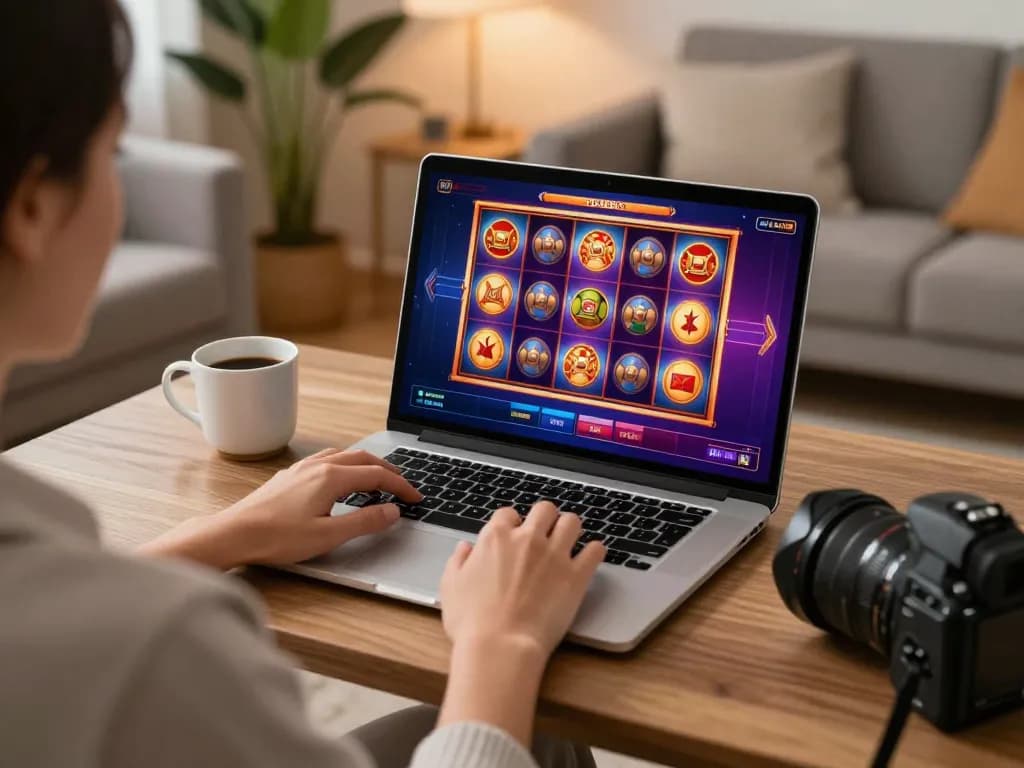 RR88 player enjoying online slots in a cozy home setup with laptop and coffee