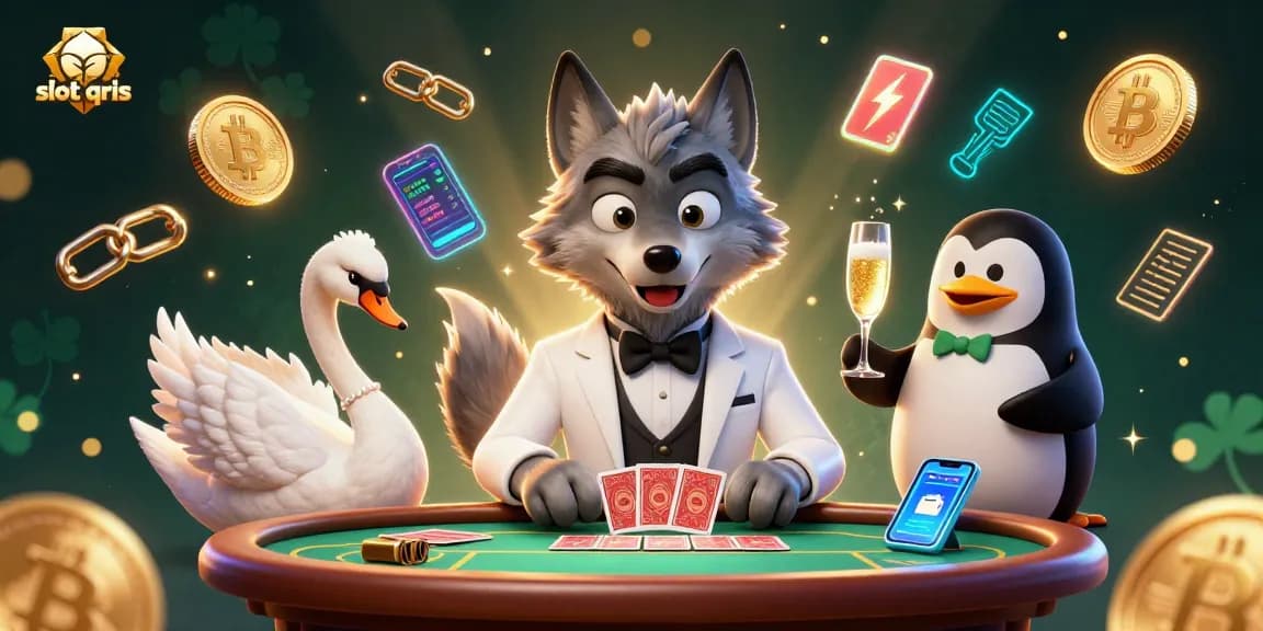 Engage in thrilling gameplay with slot qris as debonair characters surround neon crypto elements.