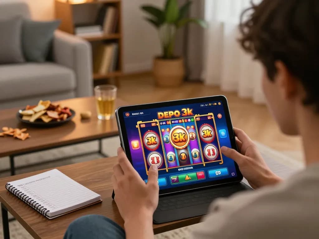 Engaging gameplay of slot depo 3k on a tablet in a cozy home setting.