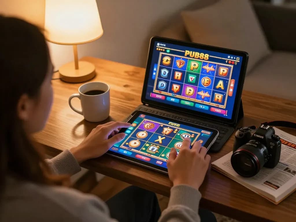 Player enjoying PUB88's online casino games in a cozy home setting with strategic notes.