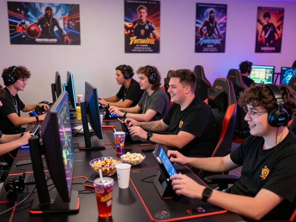 Engaged players enjoying the Winstrike69 gaming experience in a vibrant gaming room.