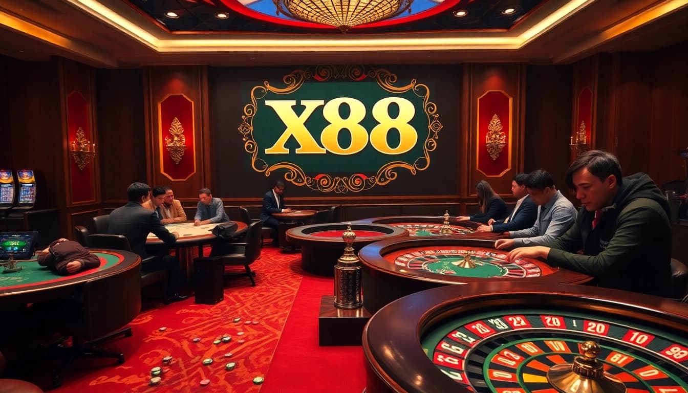 Experience high-stakes excitement at a casino styled with X88 branding and vibrant gambling activities.