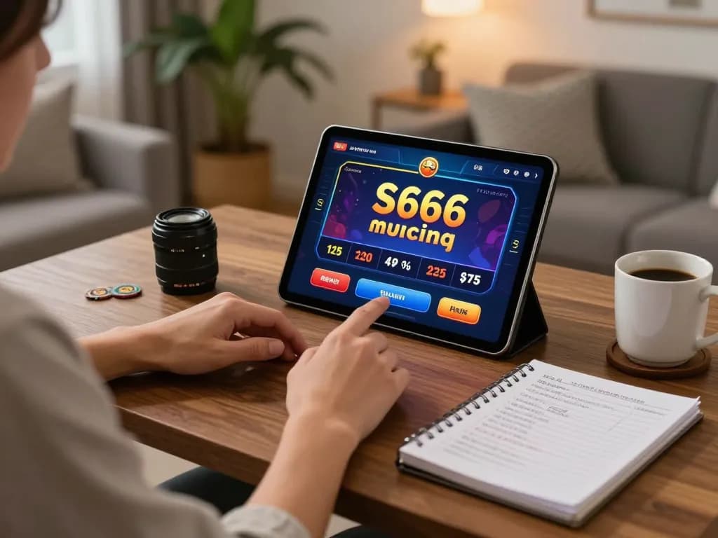 S666 online casino gaming on a tablet at home, showcasing responsible gambling and strategy.