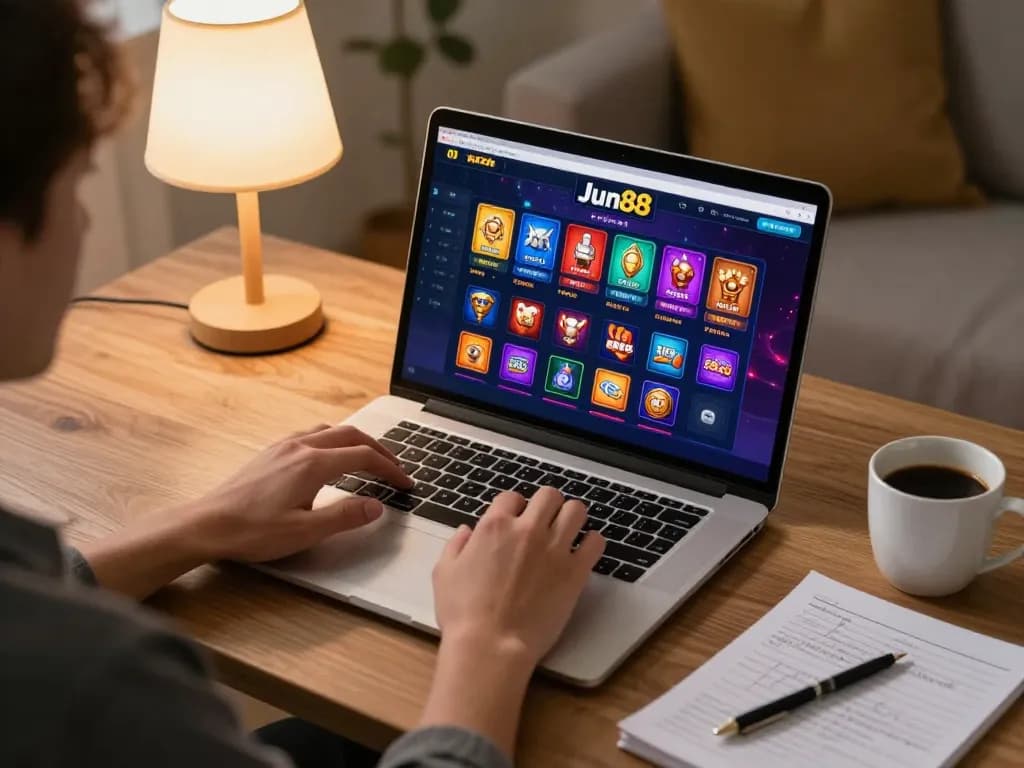 Player using the Jun88 casino app on a laptop for an engaging online gaming experience.