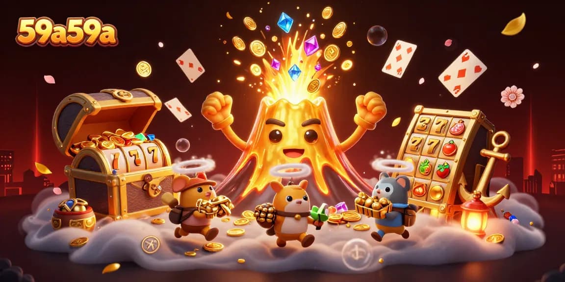 Experience the vibrant world of 59a59a with a triumphant volcano surrounded by treasure in a captivating casino scene.