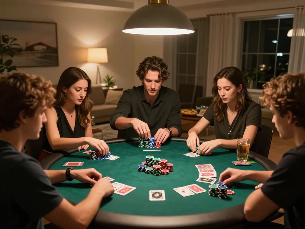 Engaged players enjoying ดูหนังออนไลน์ during a friendly home poker game with snacks and atmosphere.