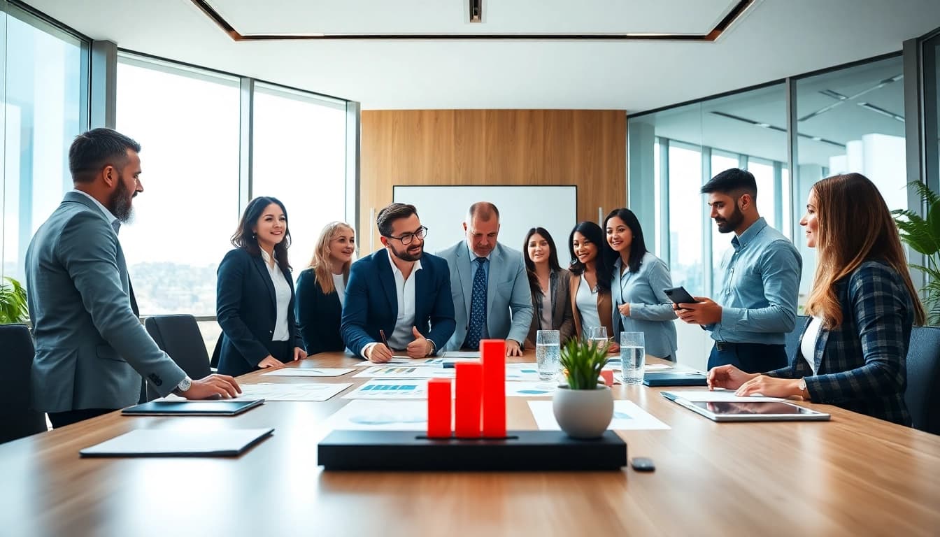 Engaging professionals discussing business growth insights in a modern conference room setting.