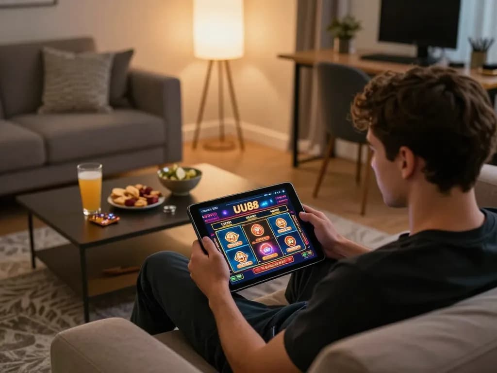 Engaging online gaming experience on UU88 displayed on tablet, cozy home environment.