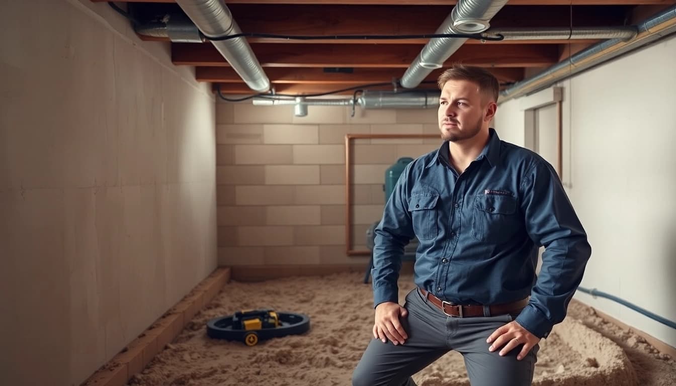 Crawl Space Restoration showcasing a technician assessing a restored area for moisture issues.