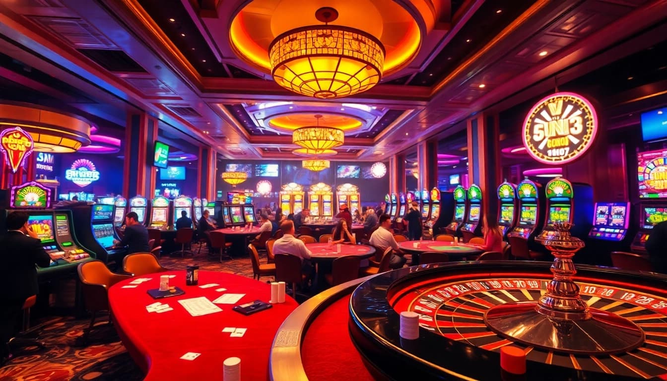 Experience the thrill of 388bet with an exciting casino scene featuring roulette, poker, and vibrant slot machines.