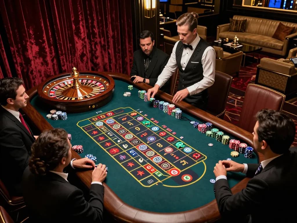 Experience the thrill of roulette at MM99 casino, with vibrant chips and an engaging croupier.