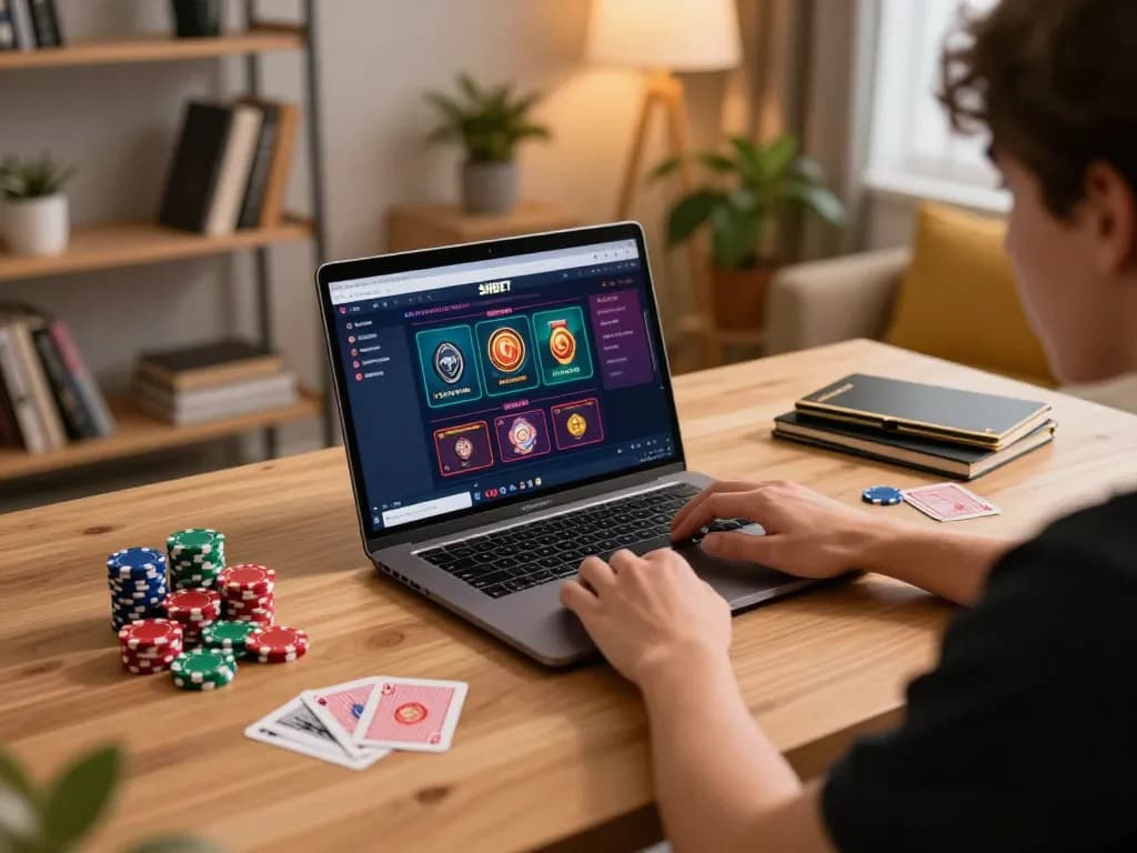 SHBET user engaging in online casino gaming on a laptop, showcasing a cozy and strategic gaming atmosphere.