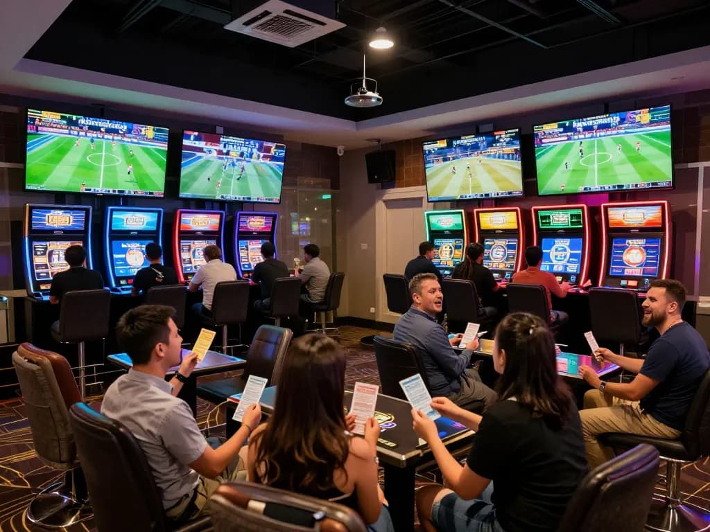 Excited patrons betting on sports at BK8's modern lounge, showcasing the thrill of gambling.