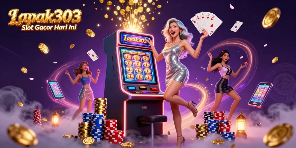 Lapak303 Slot Gacor Hari Ini celebrates a jackpot win with cascading coins and vibrant casino visuals.