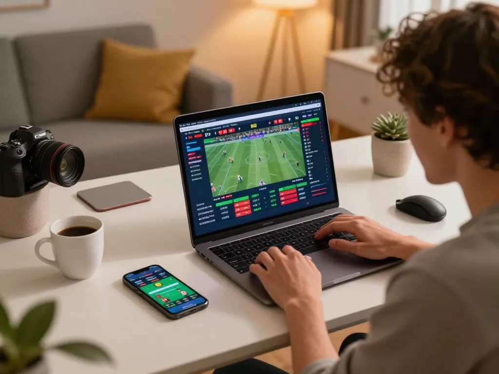 Engaging in sports betting on MB66 with live game interface displayed on laptop.