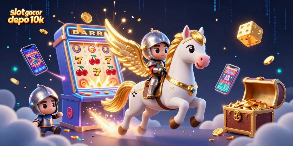 Memainkan slot gacor depo 10k dengan kuda celestial dan knight berpetualang, jackpot koin bersinar menyemarakkan latar.