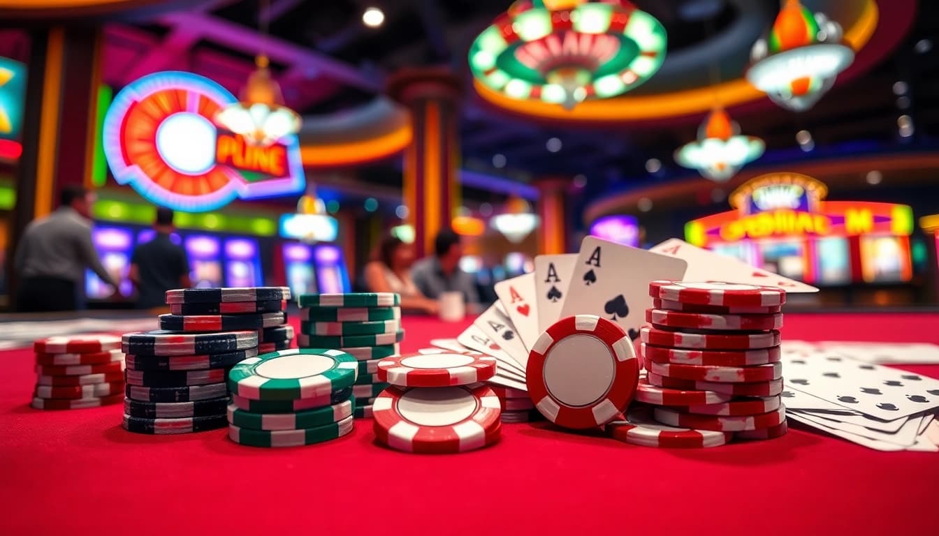Login poker88 di meja kasino dengan chip dan kartu, menarik perhatian pemain.