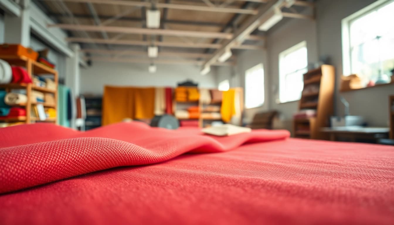 Punta di Roma stofdetail in een sfeervolle textielwerkplaats.