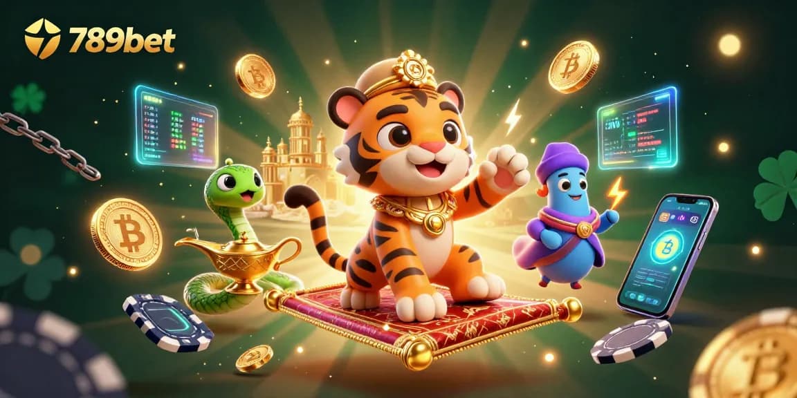 Engage with captivating 789bet adventures featuring a tiger sultan on a poker chip carpet amidst glowing crypto elements.