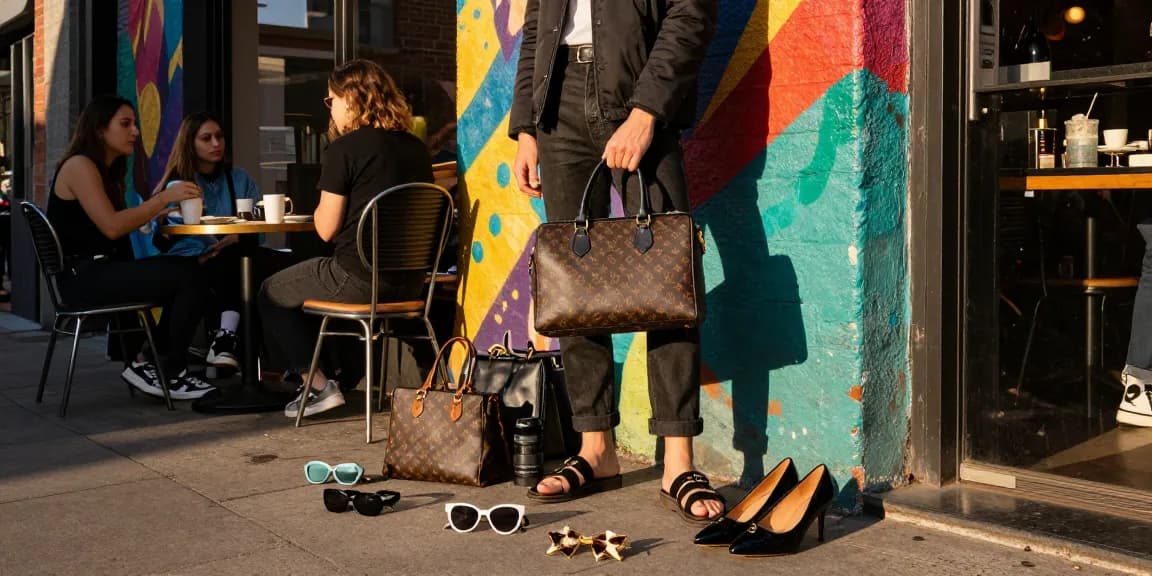 Stylish urban person showcasing 레플리카 fashion items against a vibrant mural.