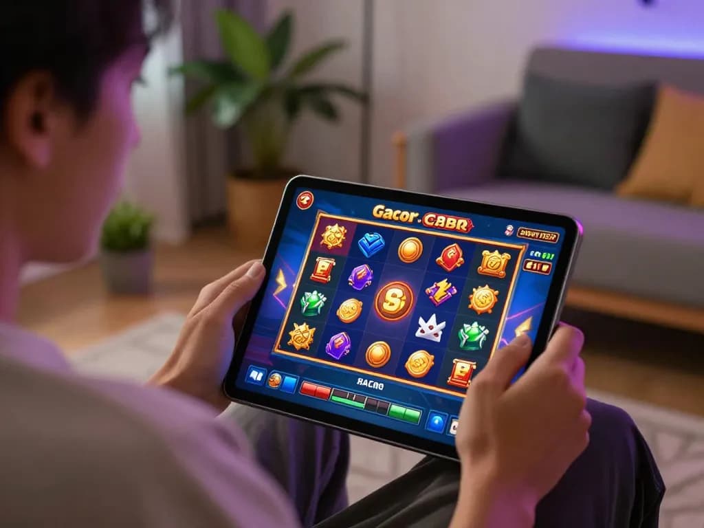 Engaged in mobile slot gacor gameplay, showcasing colorful gaming interface in a cozy home setting.