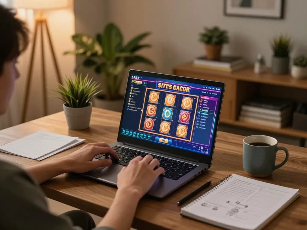 Person enjoying situs gacor slot games at home on laptop in a cozy setting