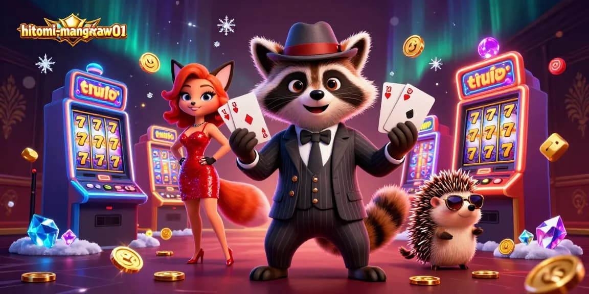 Experience thrilling gameplay with hitomi-mangaraw01 where raccoon gentleman leads a winning slot machine adventure.