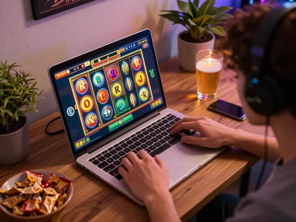 Engaging in online slot gameplay on laptop, showcasing a thrilling mk8 gaming atmosphere