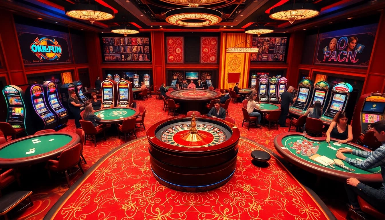 Experience excitement at OKFUN as players engage in thrilling casino games with luxurious aesthetics.