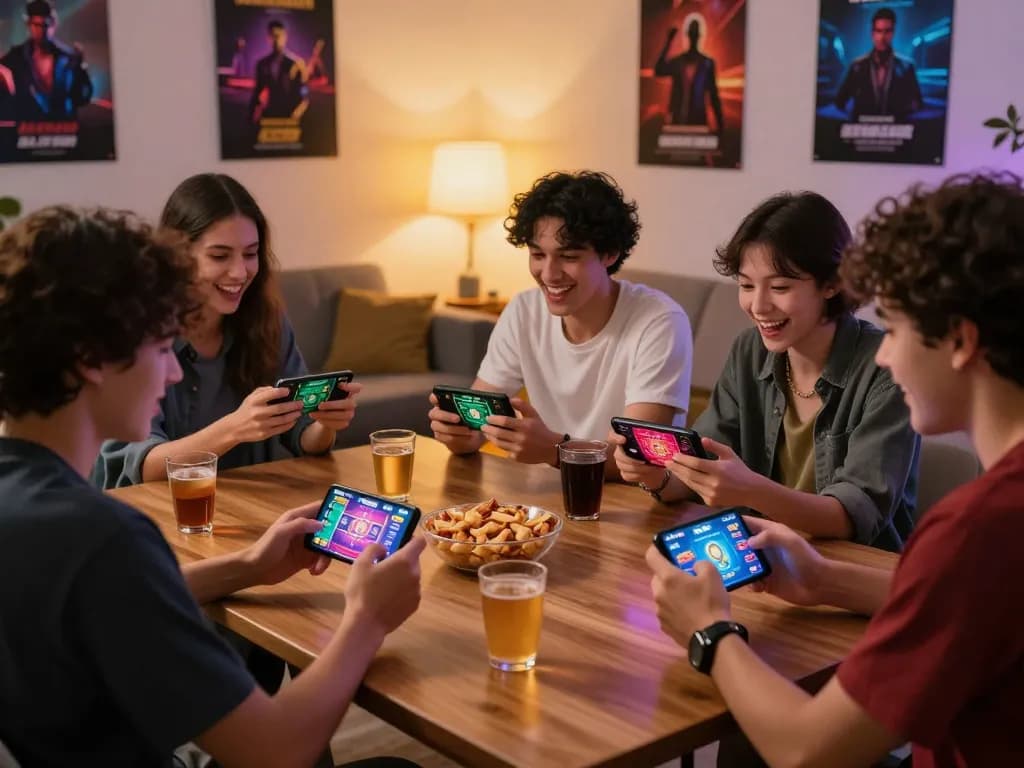 Friends playing tài xỉu online in a vibrant living room with gaming snacks.