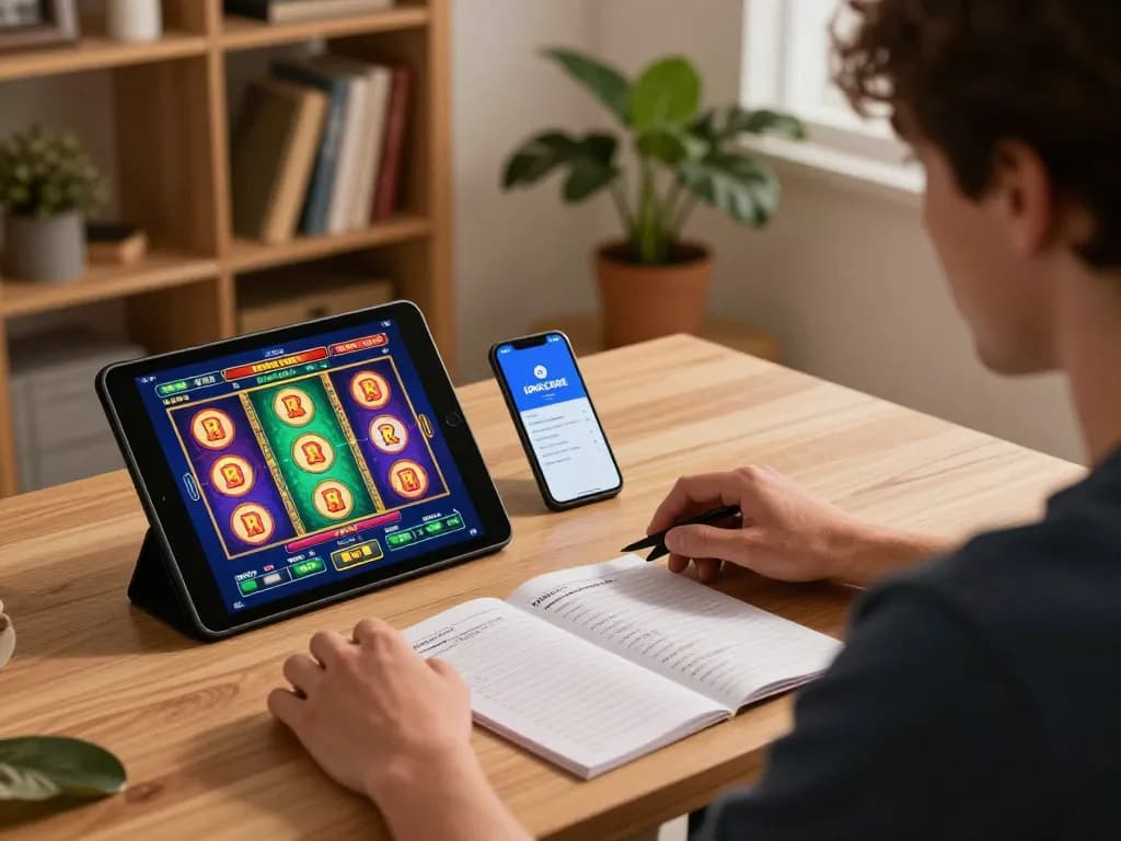 IDNSCORE user enjoying slot games on tablet with responsible gaming notes in cozy home setting