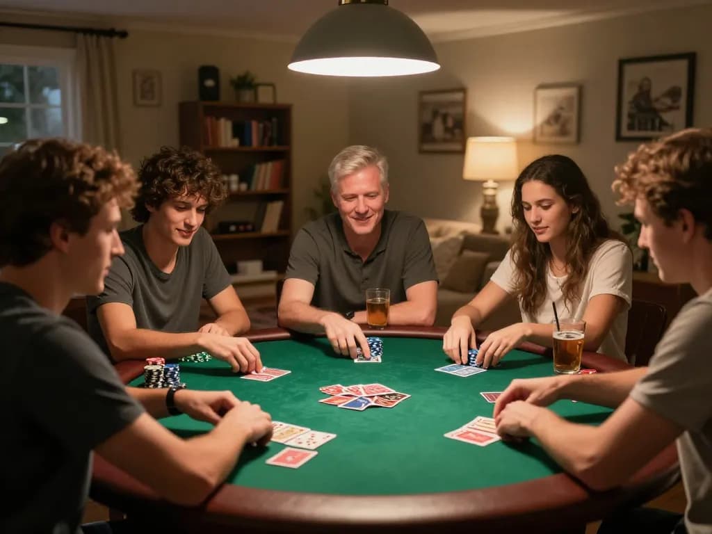 Friends engaging in an exciting iWin poker game night with cards and chips.