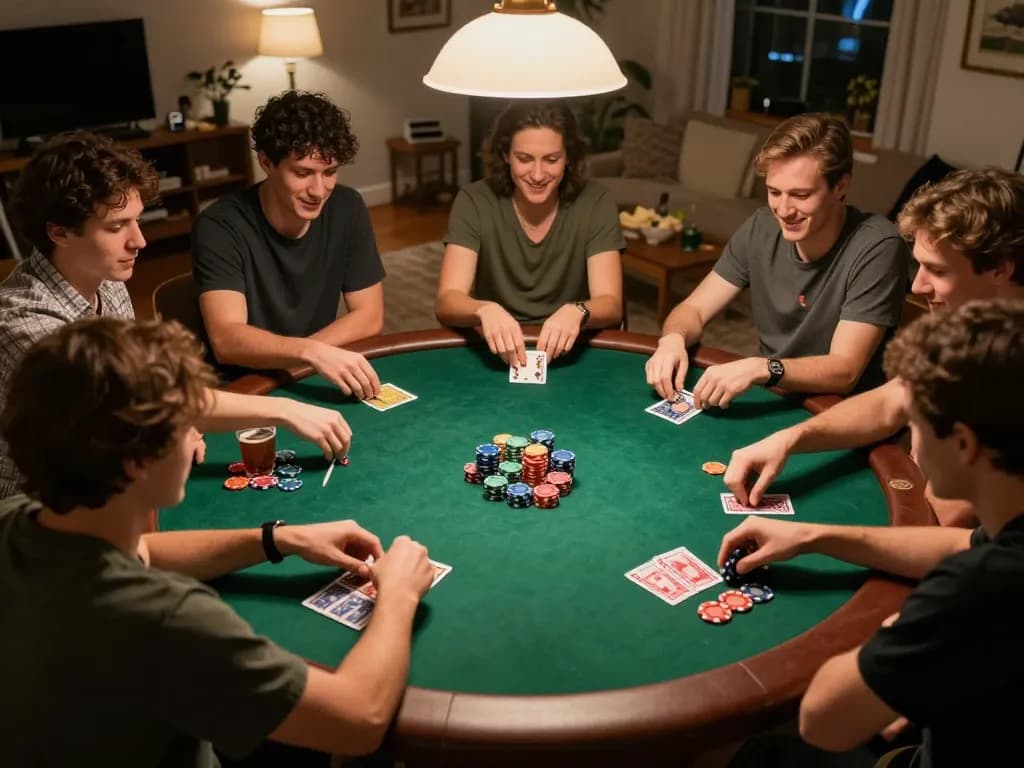 MM88 players enjoying an engaging poker night, calculating strategies and stacking chips.