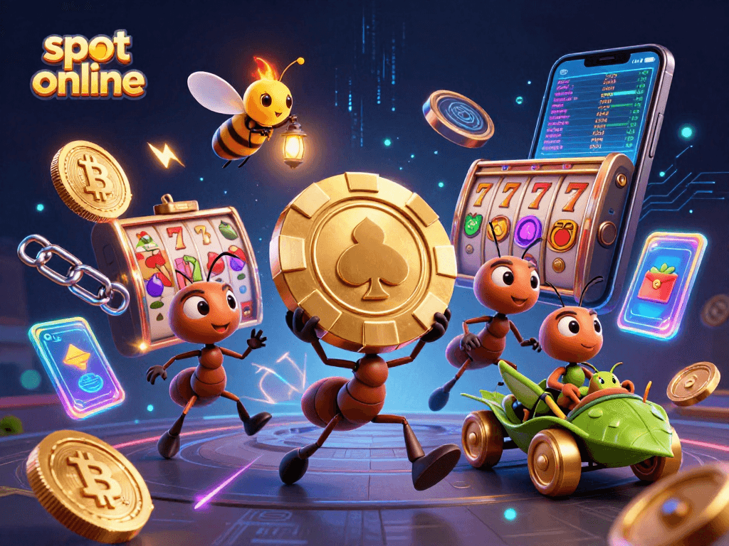 Slot online menghadirkan heist seru dengan tim semut, chip poker emas, dan simbol slot dalam ilustrasi 3D.