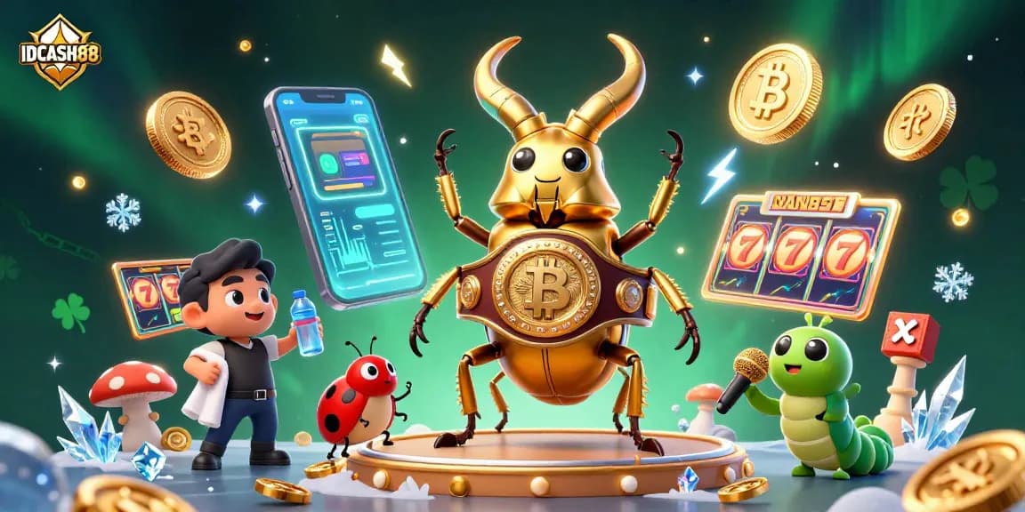 Join the fun at IDCASH88 with a thrilling boxing match between a golden stag beetle and ladybug corner-man amidst vibrant game symbols.