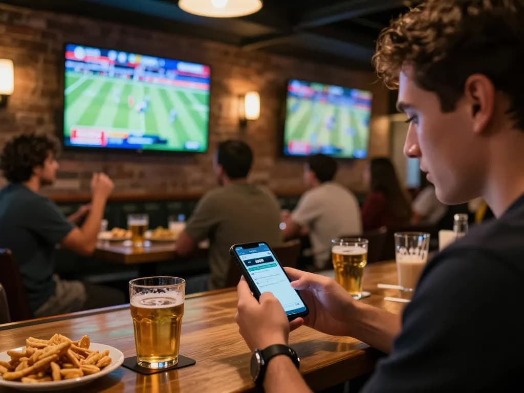 Exciting moment using the DH88 app for live sports betting at a vibrant bar.