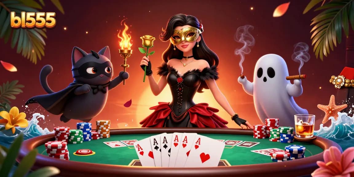 Experience the ultimate gaming with bl555, featuring a stunning casino scene with poker tables and vibrant characters.